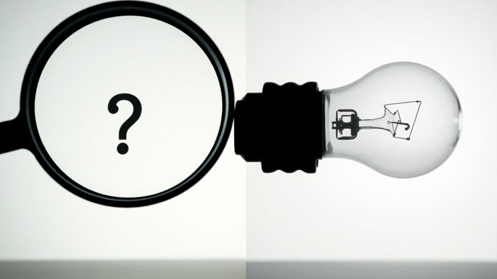 Magnifying glass over question mark versus bright lightbulb.