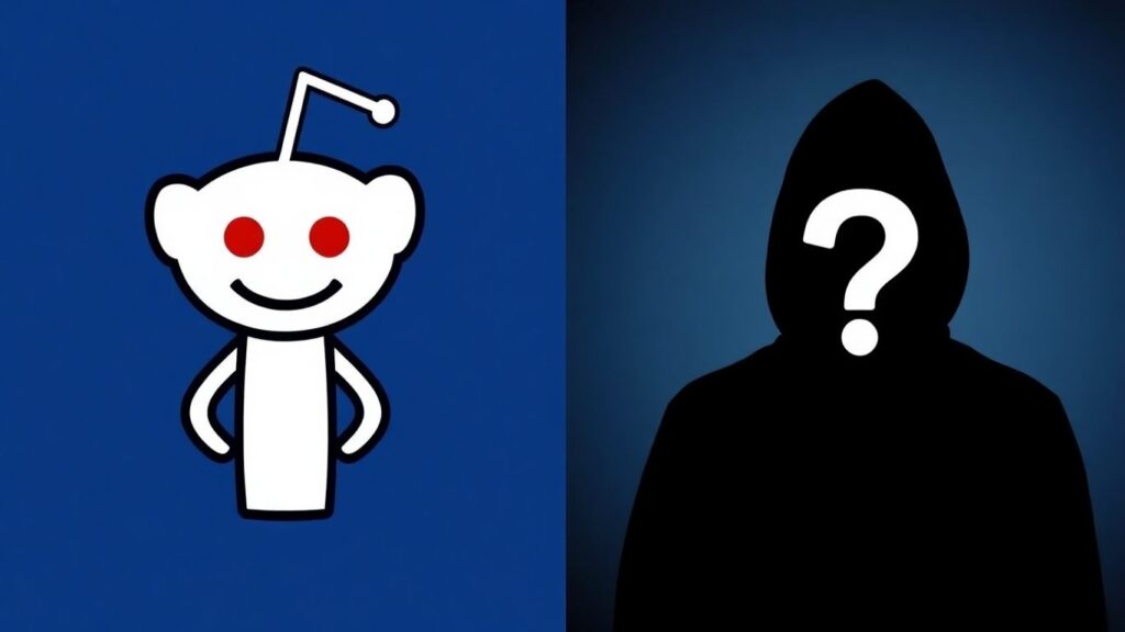 Reddit logo and shadowy figure debating reputation.