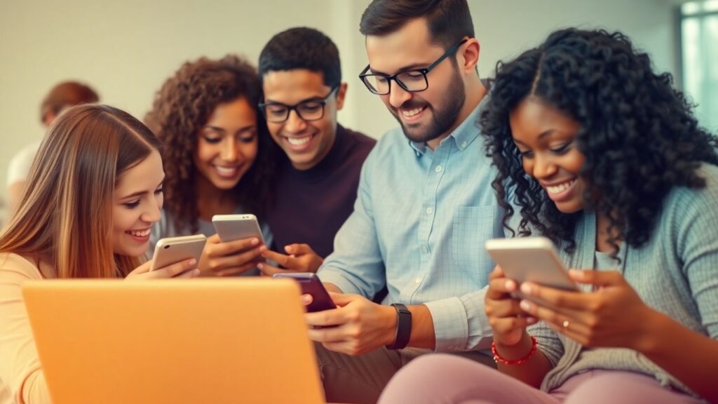 People using laptops and phones in a digital community.