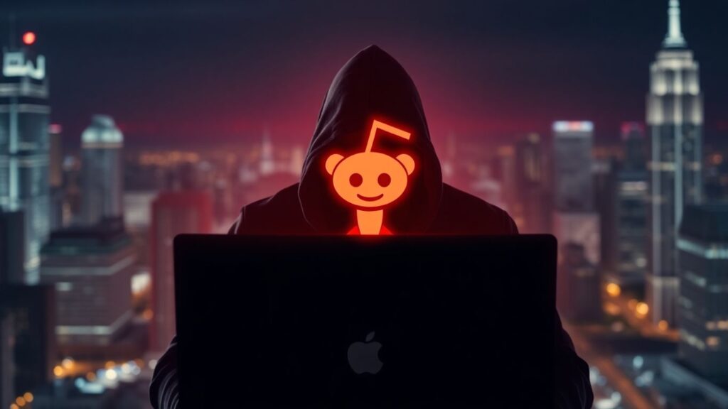 Reddit logo with shadowy figure and digital threads.