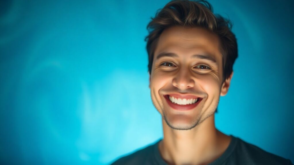 Person smiling with a positive aura and abstract background.