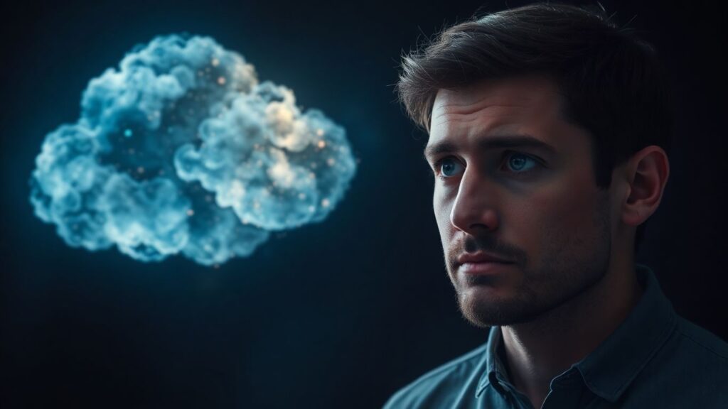 Person looking skeptically at digital information cloud.