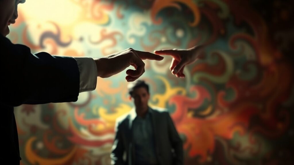 Person blaming another person with accusatory finger.