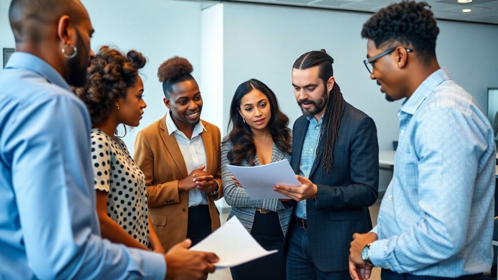 People discussing a document in a professional setting.