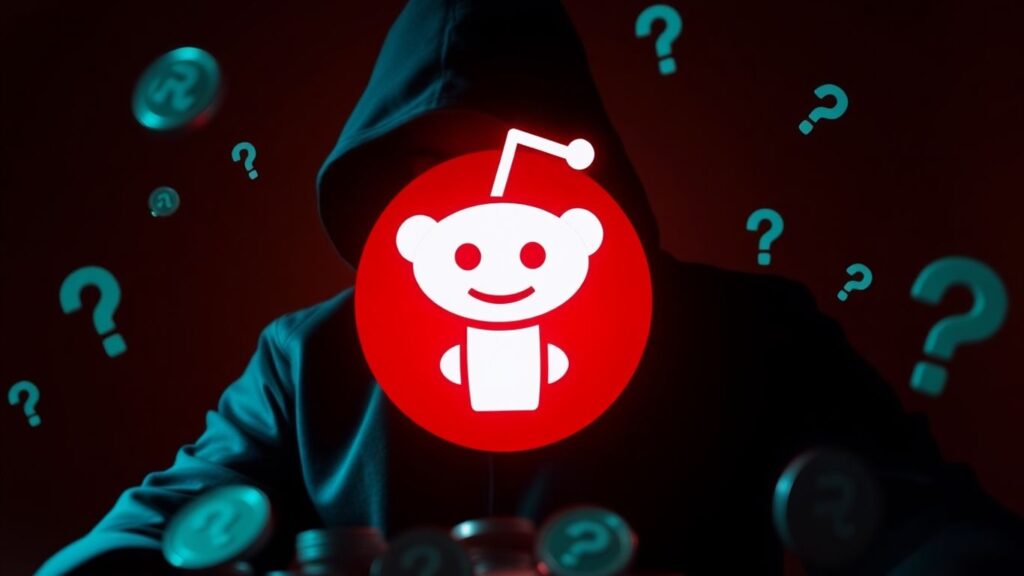 Reddit logo with shadowy figure and coins.
