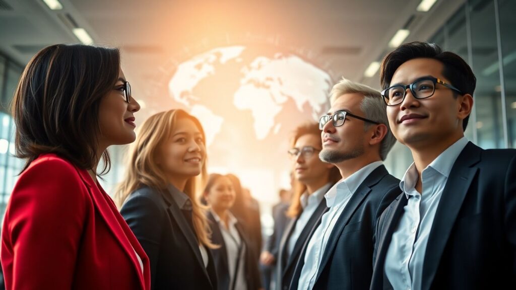 Business professionals looking towards a bright future.