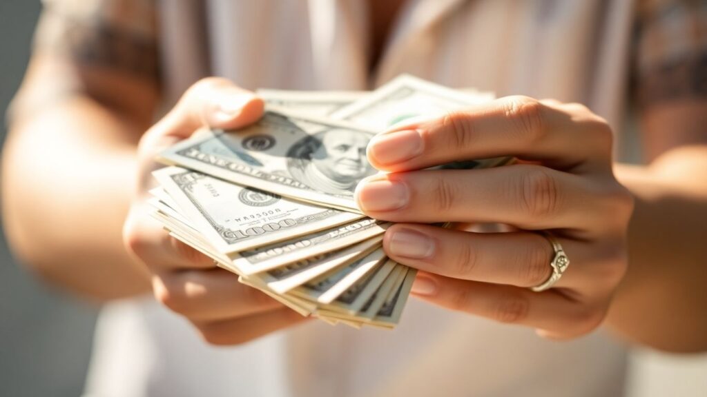Hands holding a stack of money, symbolizing earnings.