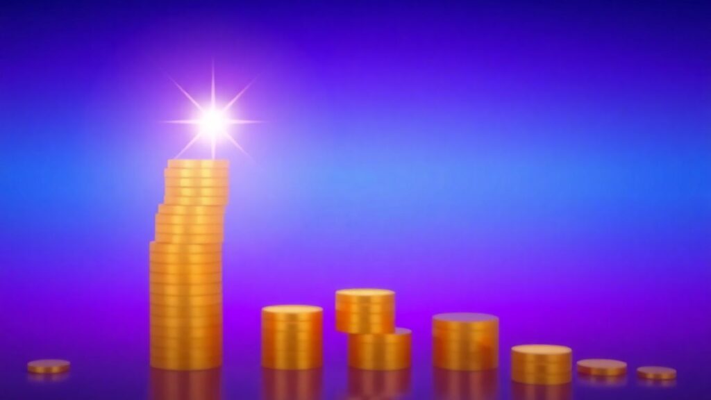 Abstract financial pyramid with golden coins and gradient background.