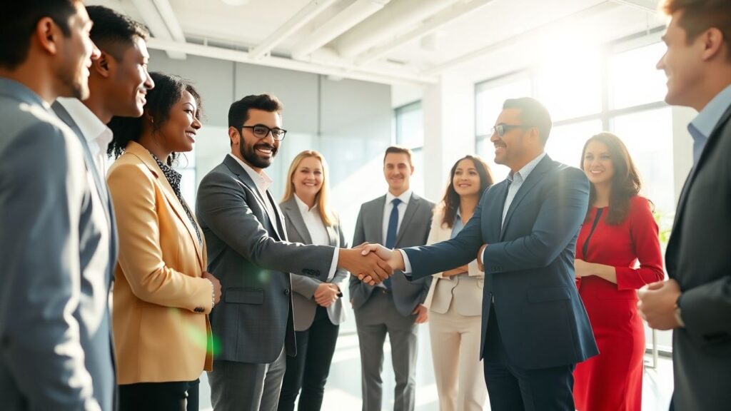 People collaborating in a modern office, discussing business opportunities.