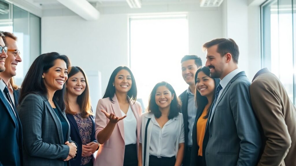 People collaborating in a bright, modern office setting.