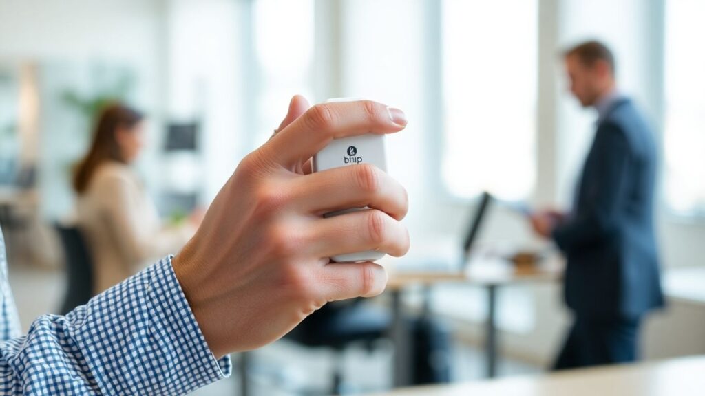 Bhip product held by a person, professional setting.