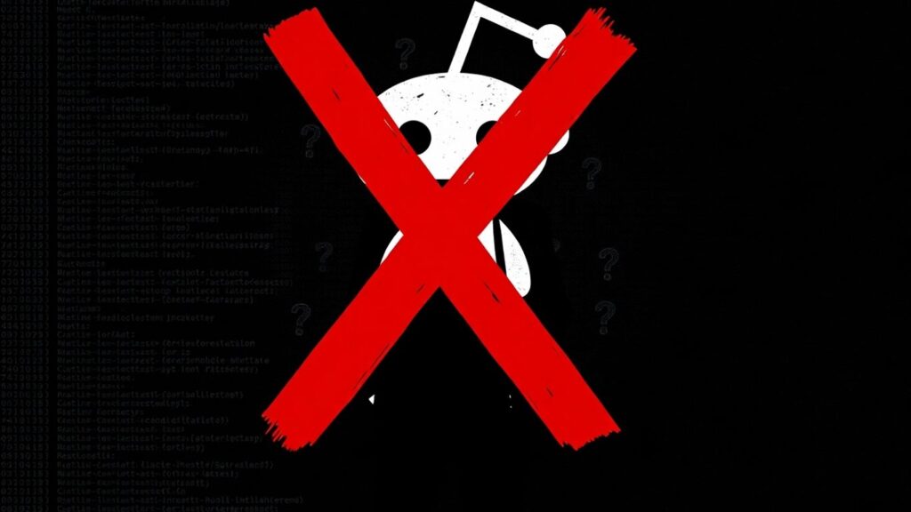 Reddit logo with a red X, shadowy figure, dark background.