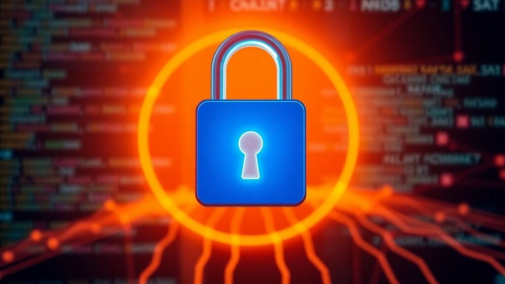 Website security padlock glowing over digital interface.