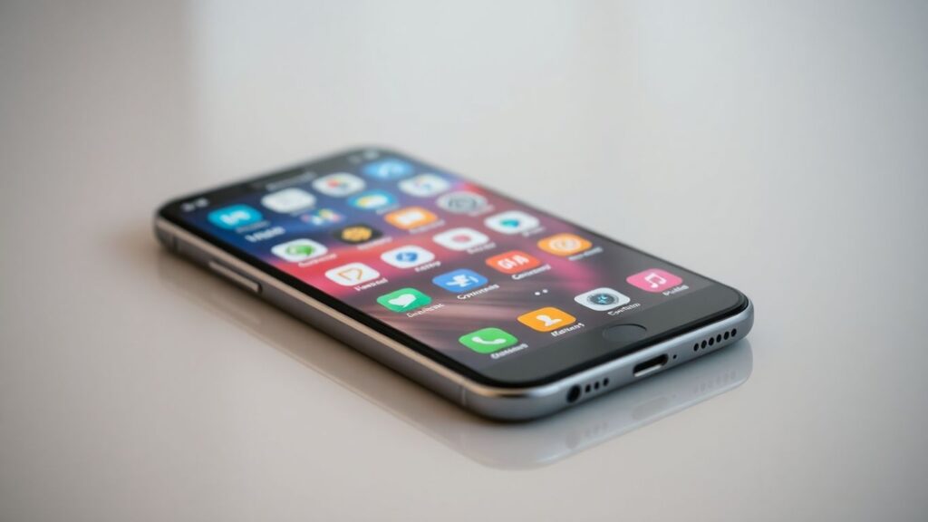 Modern smartphone with vibrant screen on a clean surface.