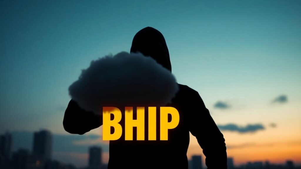 Shadowy figure attacking bright BHIP symbol in dusk cityscape.