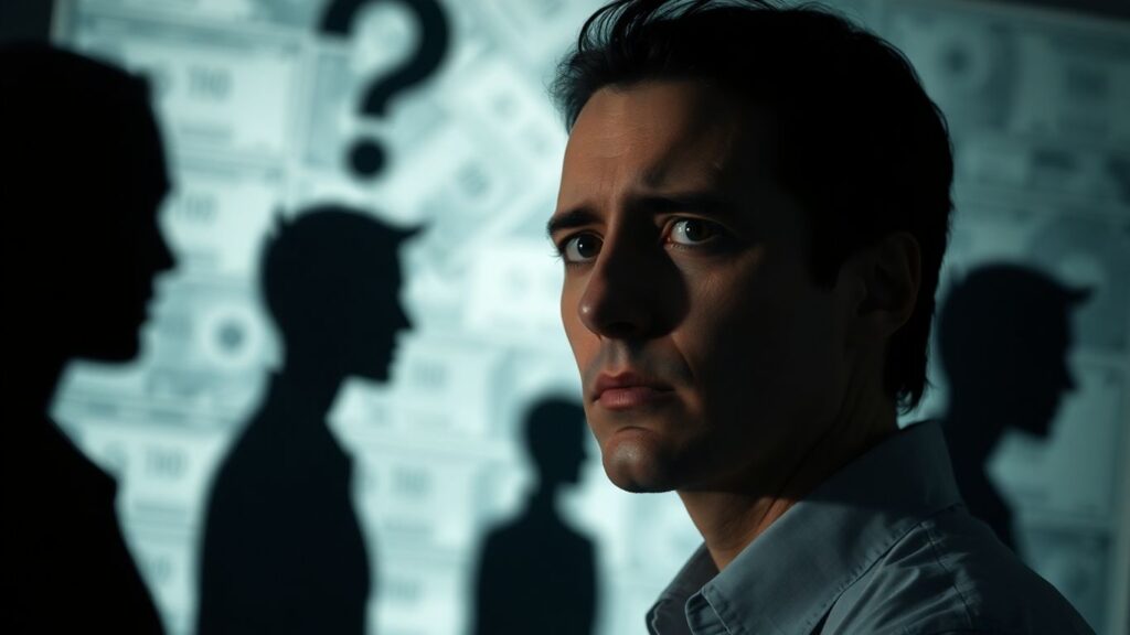 Person looking concerned amidst shadowy figures and question marks.