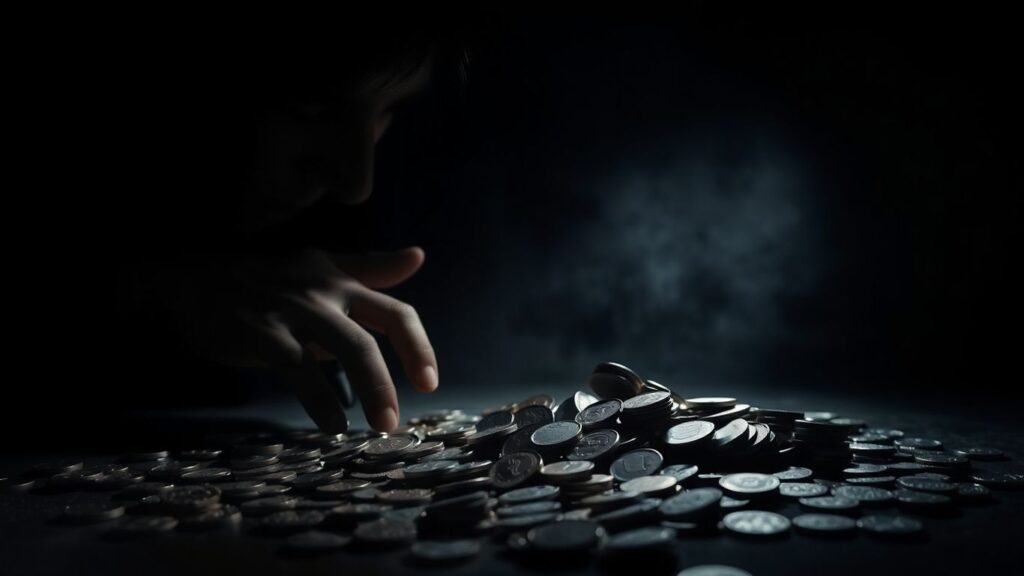 Shadowy figure and scattered coins