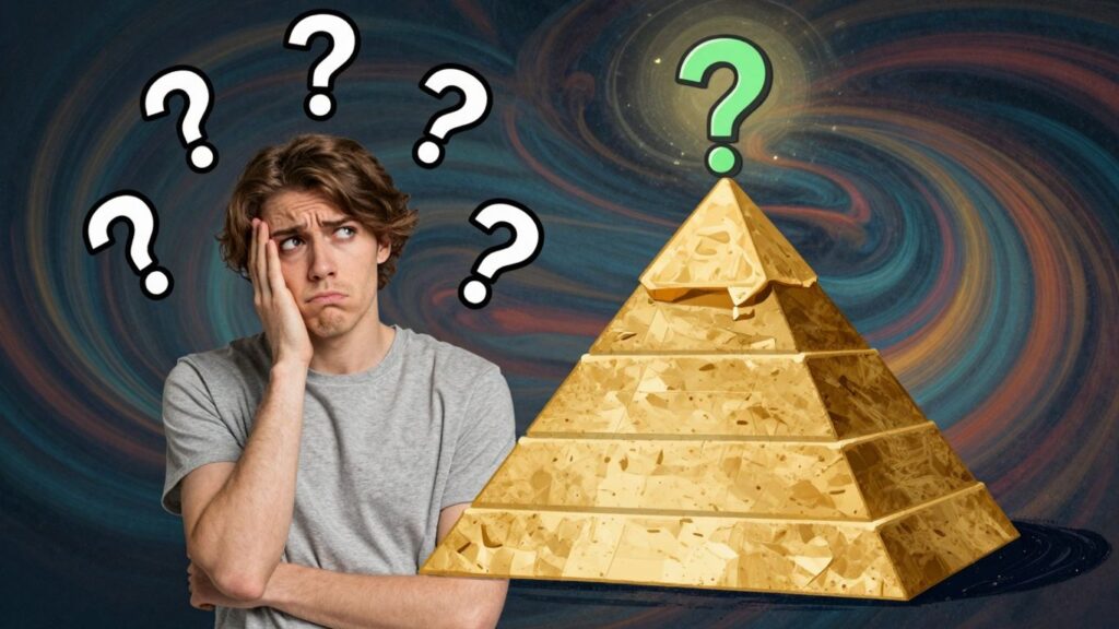 Confused person and question mark pyramid graphic.