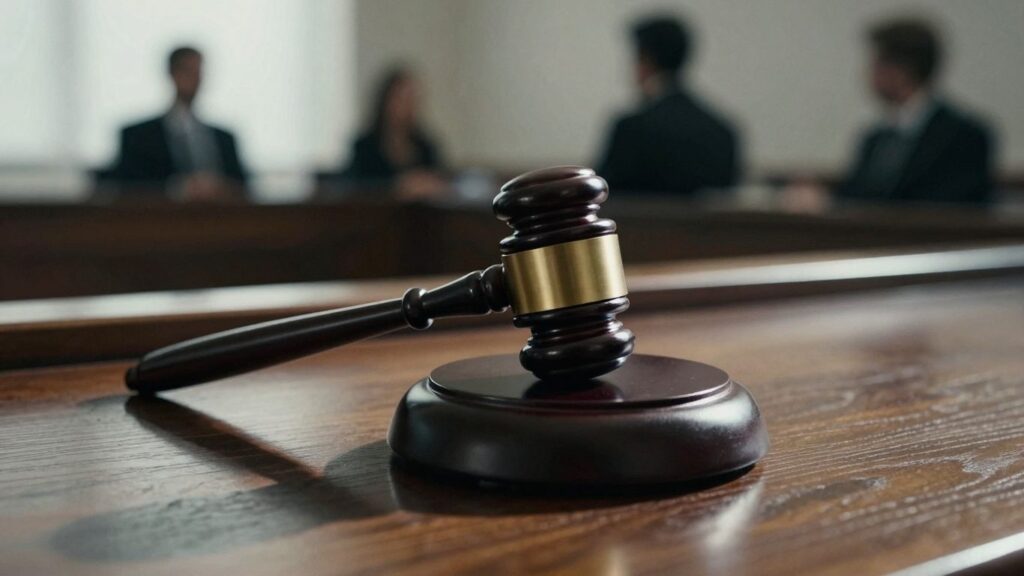 Courtroom gavel about to strike during a trial.