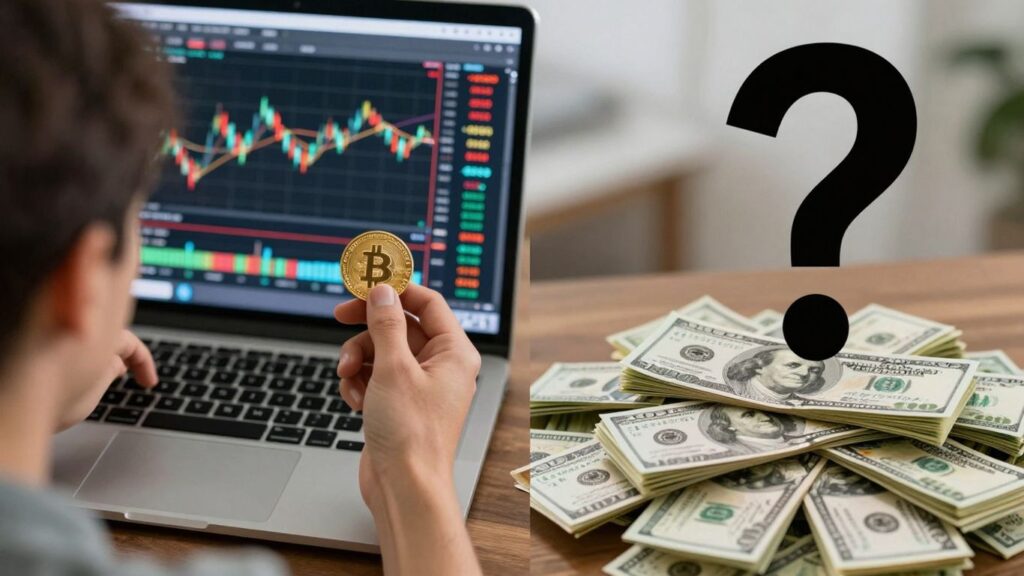 Doubtful person and money pile with question mark.